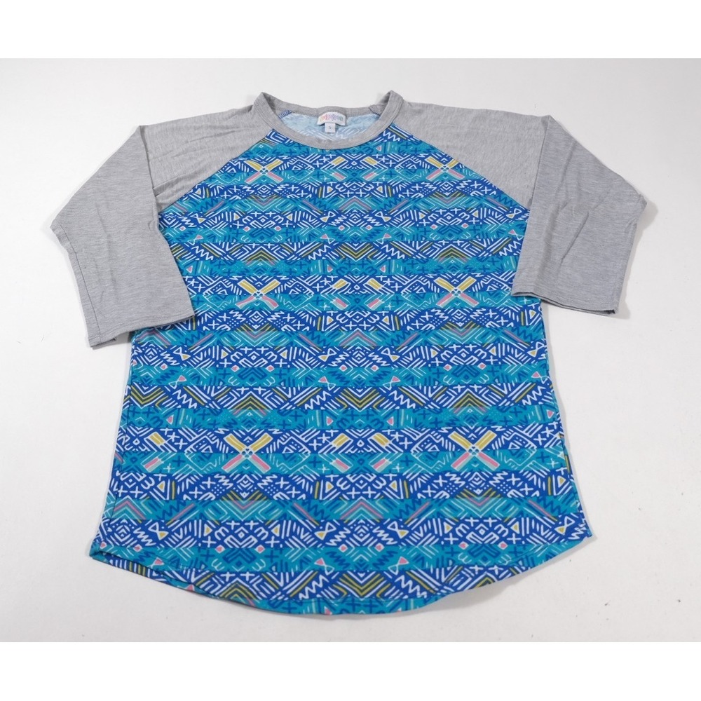 LuLaRoe Randy Top Womens Small Blue Geometric Aztec Raglan Baseball Tee Shirt